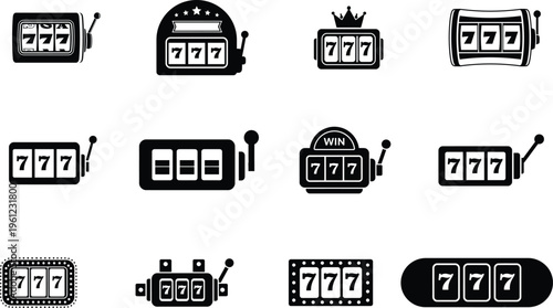 Slot machine icons with seven numbers on screen in various designs and styles for gambling and casino concepts