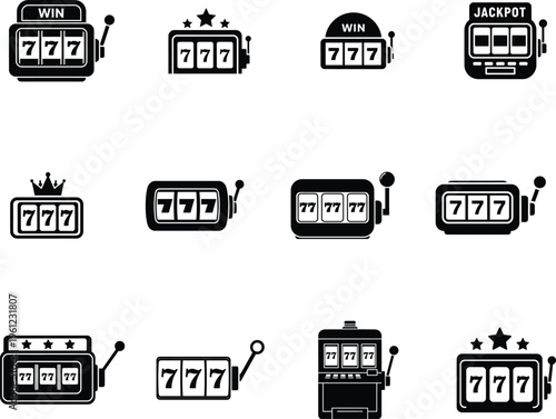 set of casino slot machine icons with winning combinations and jackpot