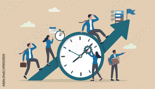 Time management, effort efficiency boost, productivity finish project teamwork planning, multitasking finish work within deadline concept, business people riding clock up rising arrow.