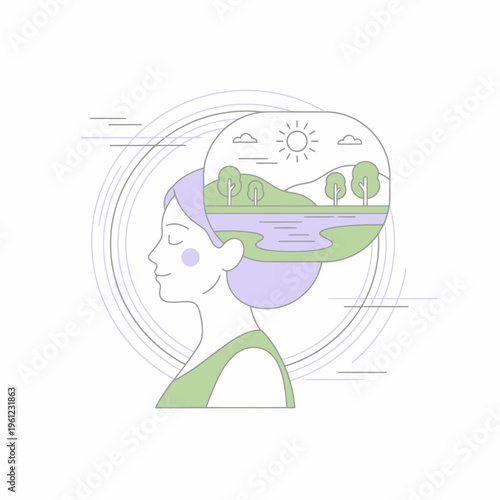 Womans Head Silhouette with Nature Landscape in Mind.