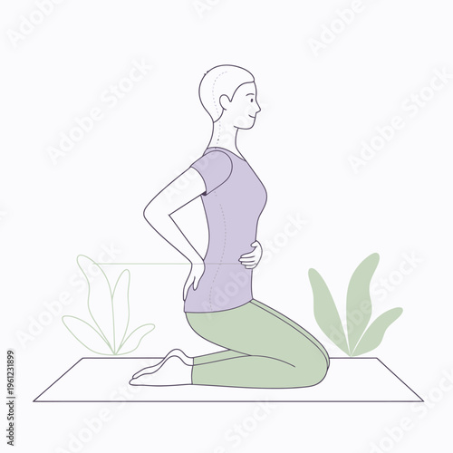 Woman practicing yoga on knees with hands on hips.