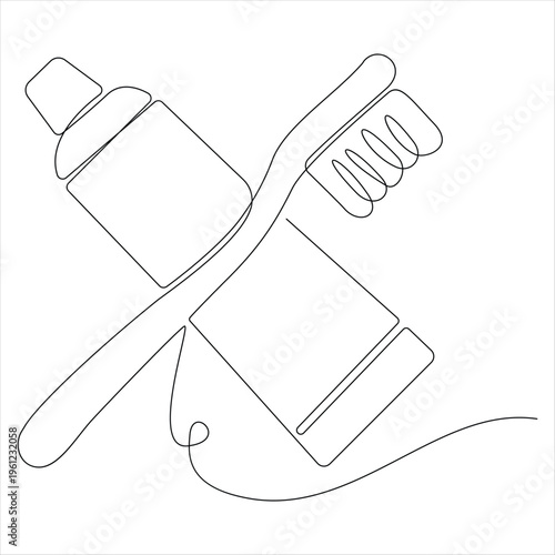 Toothbrush and toothpaste continuous oneline drawing vector illustration