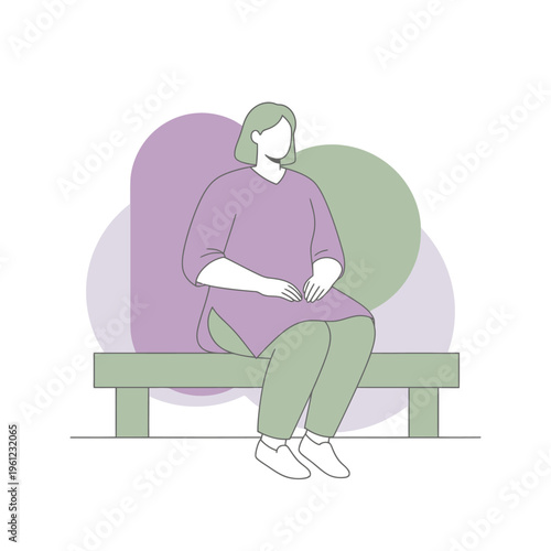 Woman Sitting Calmly on a Bench Illustration.
