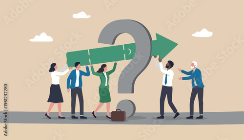 Teamwork to solve business problem, cooperation or collaboration in company to achieve business success concept, businessmen women, colleagues help put solution in too arrow question mark problem sign