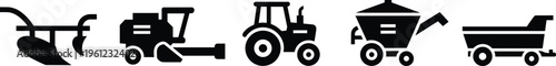 Five black silhouette icons of farming and agricultural machinery including plow, combine harvester, tractor, grain cart, and trailer wagon for modern agriculture industry design.