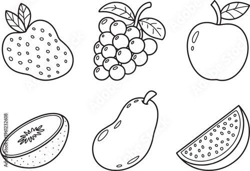 Fresh fruit collection in line art style including apple grapes strawberry pear kiwi and watermelon. Vector illustration