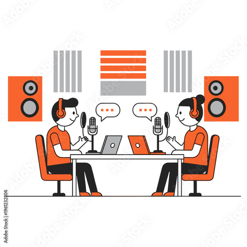 Two podcasters talking into microphones recording podcast in studio with speakers and soundproofing