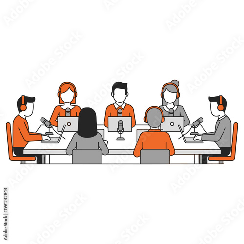 Group of seven people in a podcast studio recording session with microphones