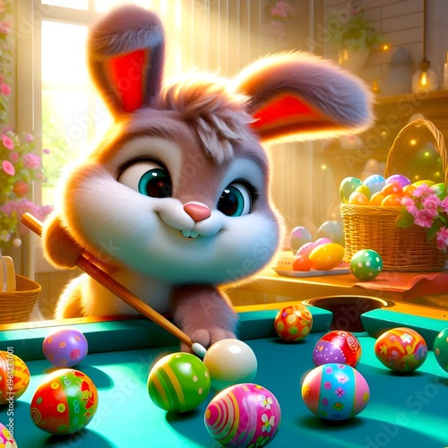 Easter bunny playing billiards with easter eggs cartoon illustration