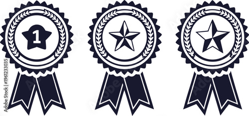 Black and white ranking badges with stars and ribbons