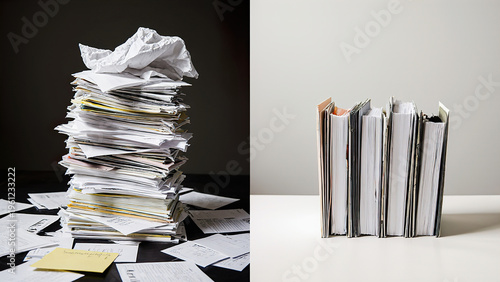 Disorganized stack of crumpled papers beside neatly arranged folders on a clean surface, contrasting chaos and order in document management