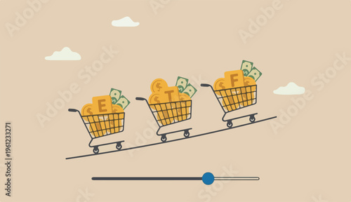 ETF, Exchange Traded Funds real time mutual funds tracking investment index trading in to stock market concept, shopping carts trolley full Dollar money coins alphabet combine word ETF
