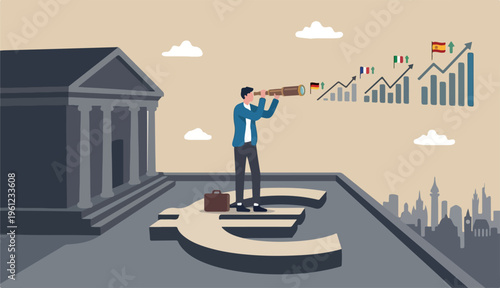 Europe financial visionary, economic forecast European countries investment stock market concept, businessman investor standing Euro currency sign bi central bank using telescope see market future