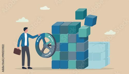 Scalable business model, flexibility to adapt expand business success growth with cost efficiency concept, businessman expand scale down cube box metaphor scalability