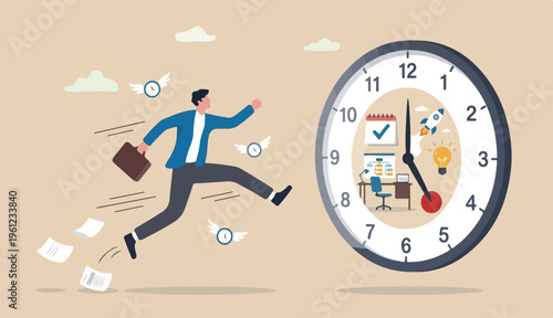 Time management or time travel the future, time fast to work deadline, productivity efficiency, effort work schedule, evolution concept, businessman jump into clock to the future.