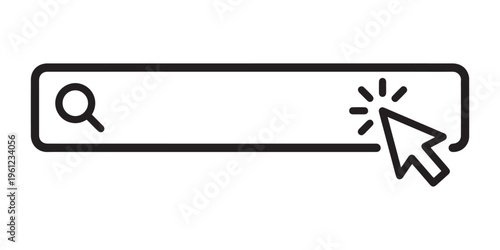 Modern web search bar interface icon featuring a magnifying glass and a mouse cursor clicking to initiate an online query.