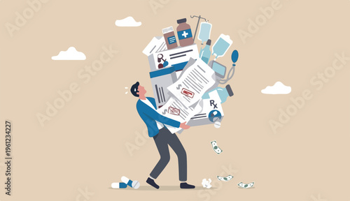 Medical debt, health care and treatment cost from Covid-19 disease, hospital expense or drug a medicine bills concept, broke bankrupt man carrying giant medicine debt burden after cure from COVID-19.