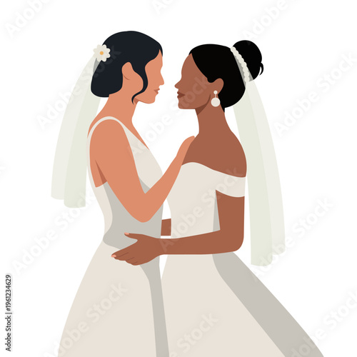 Lesbian couple wedding. Lesbian couple wearing white dresses. Equality concept. Vector stock