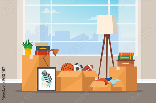 Cardboard packaging boxes in room. Moving to new house. Package for transportation. Vector stock	
