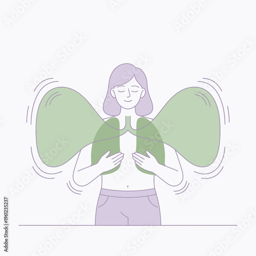 Woman with Lungs Illustration Showing Deep Breathing Exercise.