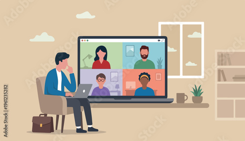 Work from home video conference meeting team to social distancing Coronavirus COVID-19 pandemic concept, office home working chair to conference meeting team laptop computer