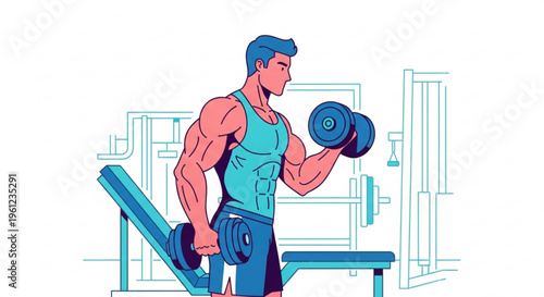 Muscular man lifting dumbbells in gym with exercise bench