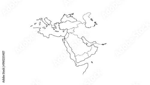 A black line drawing of a map showing the countries of Asia and Africa