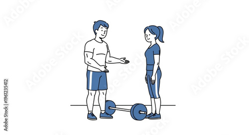 Man and woman discussing workout plan with dumbbell on floor in gym