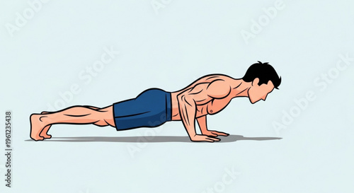 Man doing push ups in plank position exercising muscles fitness and workout routine on light background