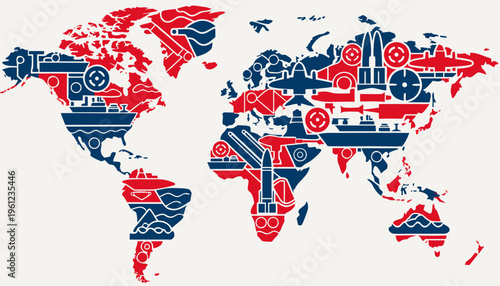 World map with military weapons and vehicles in red and blue colors on white background showing global defense