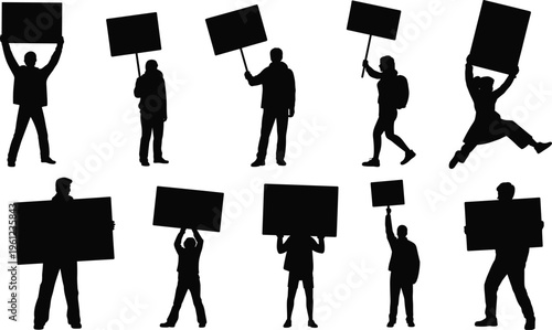 Protest people holding blank signs silhouette vector set, demonstration crowd poses, activism, social movement, protest banner illustration collection bundle