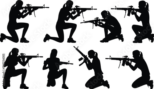 Tactical training female silhouette vector set, action poses collection, security professional stance, combat practice, dynamic movement, strong woman illustration bundle