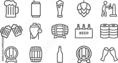 A collection of beer related icons and symbols in a simple line art style