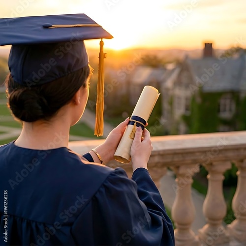 Back View of Graduate in Cap and Gown Looking at Sunset, Emotional Moment