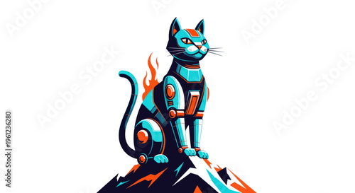Stylized robotic cat illustration on a mountain peak against white background