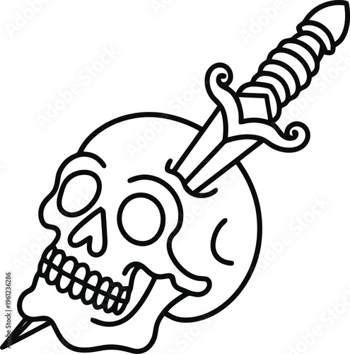 A skull with a dagger plunged into its cranium a classic symbol of danger and mortality