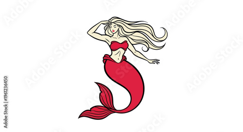 Stylized mermaid illustration with red tail and blonde hair on white background