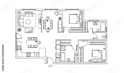 Architectural Home Layout Blueprint with Furniture Vector Line Illustration