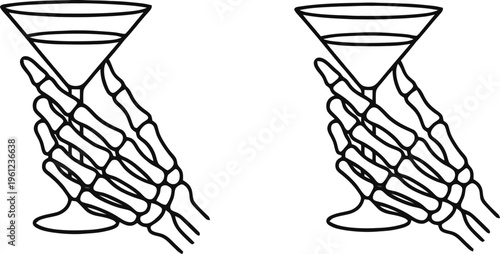 An artistic illustration of two goblets held by skeletal hands on a white background with a surreal and mystical atmosphere and aesthetic