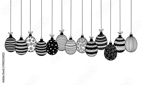 Vector christmas ornaments hanging in black and white