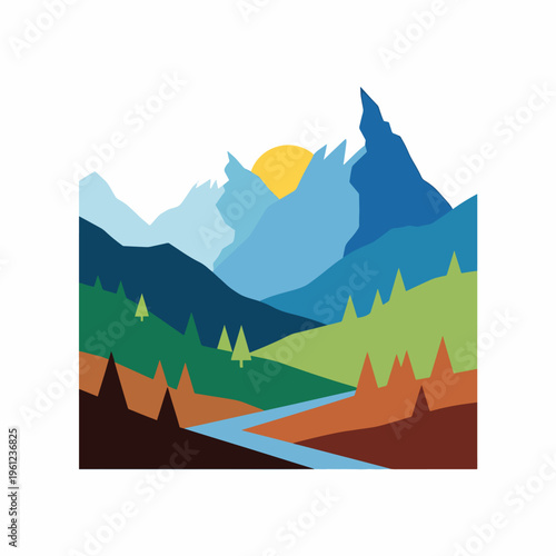 Mountain range with winding river stream.