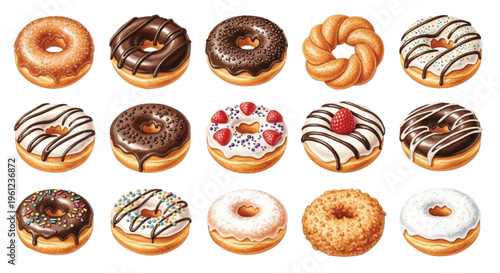 Watercolor donuts set sweet glazed chocolate strawberry dessert pastry collection