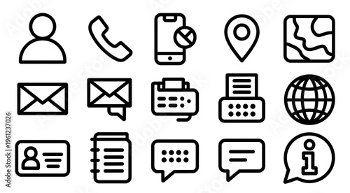 Minimal Business Card Contact Line Icons Set – Communication and Information Symbols