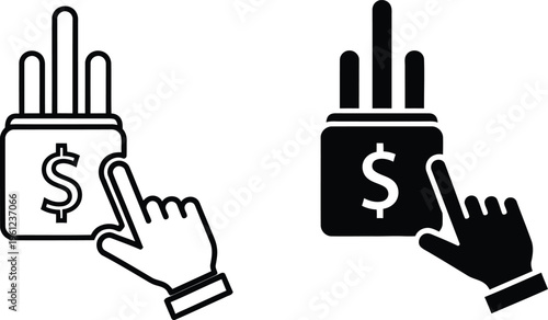 A hand interacting with icons representing money and financial transactions in a digital or online context
