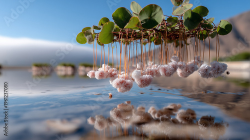Delicate Floating Flowers with Hanging Roots Over Water