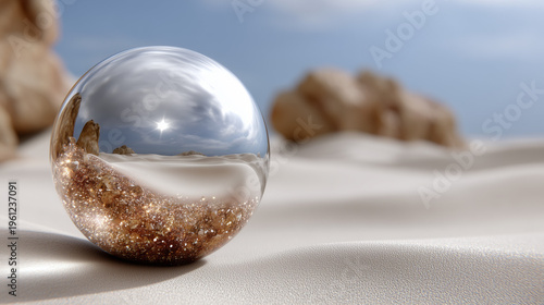 Reflective Glass Sphere on Minimal Desert Landscape