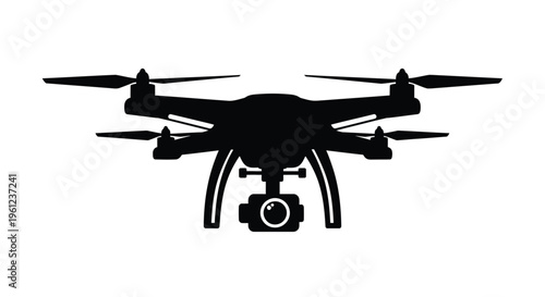 A black drone with a camera viewed from below silhouette