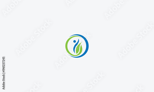 Vibrant vector graphic illustration of a stylized person embracing nature's leaves within a dynamic circular logo design, symbolizing health, wellness, and organic growth.