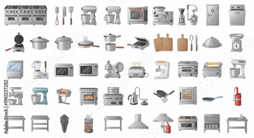 Commercial Kitchen Equipment, Restaurant Appliances, Stainless Steel, Catering Tools, Cooking Equipment Vector Set for Industrial Food Service and Culinary Workspace Design