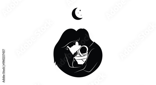 Loving parents cradle their newborn baby under a crescent moon silhouette